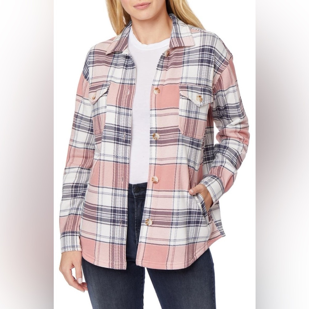C&C California | Plaid Button Front Remi Fleece Shacket | Mauve & Blue | Large